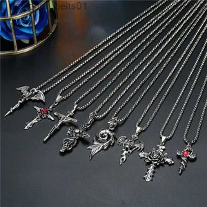 Pendant Necklaces 1PC Punk Vintage Metal Rose Cross Skeleton Necklace Personality Gothic Red Zircon Sword Pendant Necklace Women Men Jewelry N70L231215