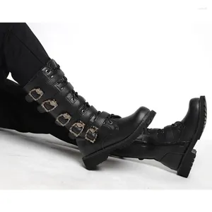 Boots Men's Pu Leather Motorcykel högt över knä Military Combat Gothic Belt Punk Men Shoes Tactical Army Boot