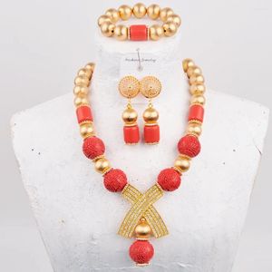 Colar brincos conjunto moda contas africanas jóias vermelho artificial coral nupcial para mulher