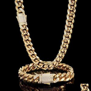Pendant Necklaces Piece/Sets 2 Hip Hop Miami Titanium Steel Mens Necklace Bracelet Set With Zircon Spring Buckle Cuban Link Gold Chain Dhk5M