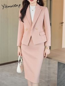 Ternos femininos Blazers Yitimuceng Rosa Terno Mulheres Blazer Set 2023 Moda Escritório Senhoras Manga Longa Turn Down Collar Elegante Midi Saia 231214