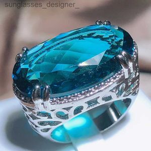 Solitaire Ring 2022 New Exaggerated Large Zircon Ring Women 925 Stamp Party Birtay Gift Oversized Blue Main Stone RingL231215