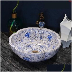 Set di rubinetti per lavandino Porcellana blu e bianca Cina Vaso lavabo in ceramica fatto a mano Lavobo Lavabo da appoggio rotondo per bagno kg Homefavor Dh47N