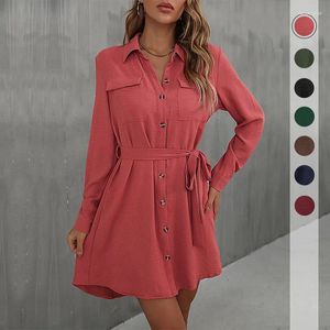 Casual Dresses Spring/Autumn Fashion Red Long Sleeve Lapel French Shirt Lace Up Medium Length Elegant Vestidos Mujer 2023 Women Robe