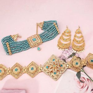 Necklace Earrings Set Baby Blue Crystal Jewelr Gld Plated Long Chain Kaftan Belts Morocco Turkish Bridal Bijoux De Mariage Femmes