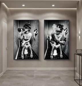 Nordic Canvas Art Posters And Prints Sexy Girl Sit in a Toilet Black and White Woman Smoke and Drink in Restroom Picture Poster5430417