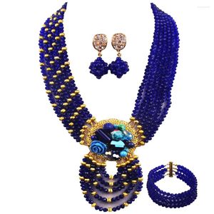 Colar brincos conjunto de cristal frisado pulseira feminina azul real contas africanas jóias