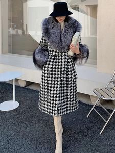 Pelliccia da donna Pelliccia sintetica da donna Misto lana scozzese Cappotto di vera pelliccia X-lungo Giacca invernale Super large Collo di pelliccia di volpe Polsini Tweed Cintura sottile da donna Spessa calda 231214