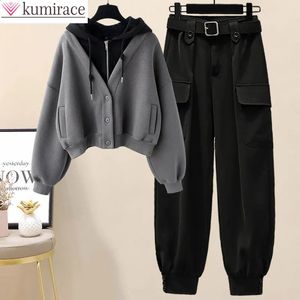 Pantaloni da donna a due pezzi invernali Plus Size Felpa con cappuccio spessa a petto singolo Abiti da lavoro larghi sintonizzati Pantaloni da donna eleganti Set di moda 231214