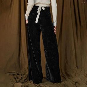 女性用パンツ女性ワイドレッグスタイリッシュなベルベットの広い脚とカジュアルなオフィスウェアの長いズボンのためのハイウエストポケット