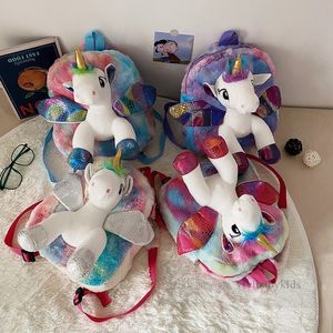 Crianças estéreo unicórnio apliques mochilas crianças voar cavalo de pelúcia duplo ombro saco meninos meninas dos desenhos animados mochila casual z6032