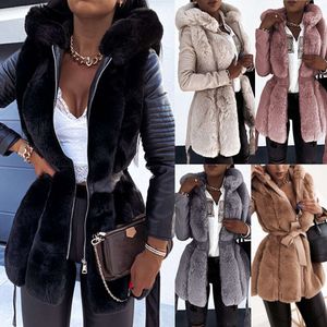 2023 Hot Selling New Fur Coat Women's Belt Hooded Solid Color Zipper Jacket Women's Clothing Amazon