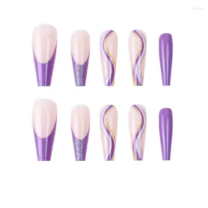 Накладные ногти фиолетового цвета с блестками, носимые для дизайна ногтей, геометрические линии, Аврора, яркая нашивка, полное покрытие, съемные поддельные женские