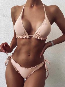 Kadın Mayo Seksi Yular Dize Çırpılmış Fırralı Bikini 2023 Kadın Mayo Kadın Mayo İki Parça Bikini Seti Bater Bathing Suit Yüzme T231215