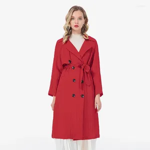 Mulheres Trench Coats Seda Red Stripe Turn-down Collar Double Breasted Loose-Leaf Design Manga Longa Escritório Senhoras Jaqueta Casaco Mulheres FE5