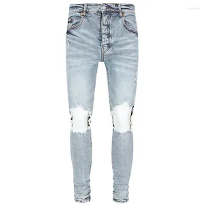 Jeans da uomo vintage lavato fare vecchio viola marchio quotidiano casual toppa al ginocchio pantaloni in denim slim uomo donna moda pantaloni da strada