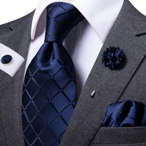 Neck Ties Mens Necktie 85cm Navy Blue Plaid Silk Business Tie Pocket Square Cufflink Brooch Wedding Gift for Men Hitie Designer 231214