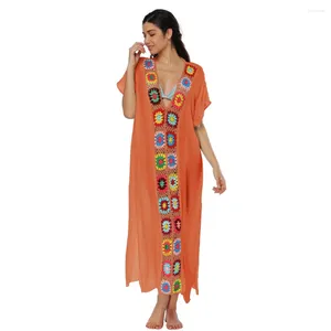 Kvinnors badkläder mode Kvinnor trycker Robe Short Sleeve Beach Boho Cover Up Summer Hand Hook Patchwork Dress with Slit Sexig Long Kirt