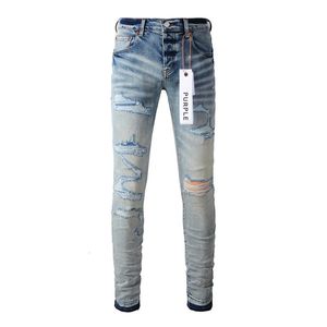 Luksusowa marka dżinsów męskich Purple Jeans Street Blue Denim Pants Ultra-cienki wzór graffiti Uszkodzone dziury Elastyczne łzy spodnie 231215