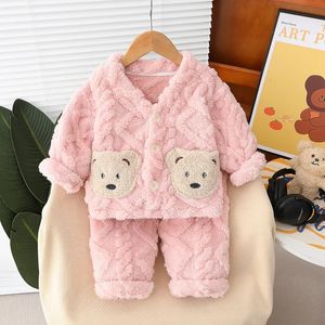 Kläderuppsättningar 2023 Autumn Winter Children's and Girls 2st Pyjama Set With Bear Pocket Thick Home Coat Warm Ull Pants Baby Girl Set 231215