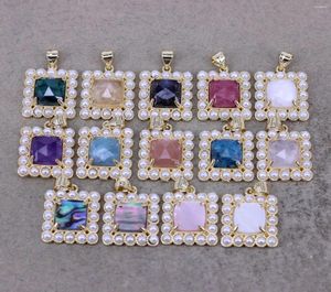 Pendant Necklaces 5pcs Lovely Square Gemstone Bezel Paved Pearl Natural Stone Charm Shell