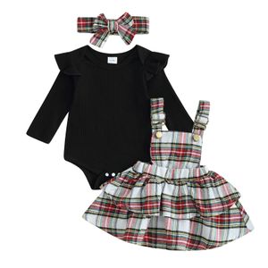 Pijamas Pudcoco Infant Born Baby Girls 3PCS Conjuntos de falda Negro Manga larga Ruffle Romper Plaid Suspender Diadema 0 24M 231215