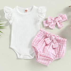 Kleidungssets ma baby 0-24 Monate Kleinkind Säugling Neugeborenes Baby Mädchen Kleidung Sets Strick Spitze Rüschen Strampler Plaid Schleife Shorts Outfits Sommerkleidung D01