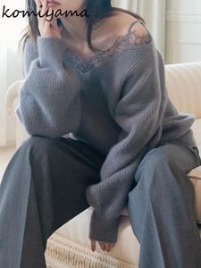 Swetry damskie koronki splicowany sweter upadaj luźne damskie ubranie z ramion Ropa Mujer v szyja pullover japońskie kobiety