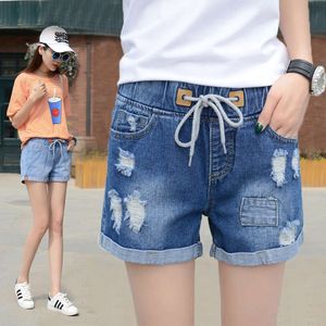 Korean Version of Chubby MM High Waisted Elastic Distressed Denim Shorts for Women's Summer Loose Fit Oversized Student Wide Leg Casual