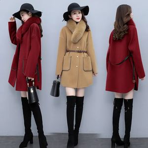 Women' Blends Trench Coat Winter Collar Woolen Slimming with Belt and Fur Double Faced Goods without Lining Thick Short 231214