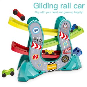 Modelo fundido rampa deslizante racer pista de corrida carro 4 níveis zig zag veículos de brinquedo de corrida para crianças educação aprendizagem presente 231214