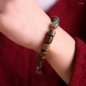 0215 Strand Green Sandalwood Single Ring Hand Hand Barrel Beads Text Play Wooden Buddhist Bracelet Style Style Women Men Gift 2023