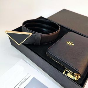 Mens Business Belt Wallet Set Classic Black Belts Golden Designer Womens Mens Curto Zero Carteira Moda Triângulo Cinto Cinto Titulares de Cartão com Caixa