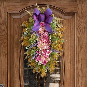 Decorative Flowers Faux Hydrangea Wreath With Bowknot Ribbon Farmhouse Wall Hanging Door Decoration Large Artificial Flower Garland Home