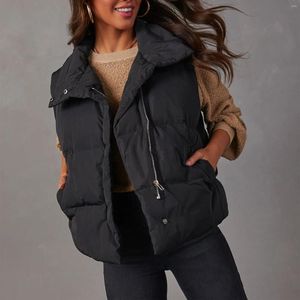 Coletes femininas mulheres inverno acolchoado colete casual sem mangas zíper gola cor sólida colheita colete com bolsos outwear quente