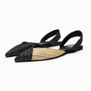 Sandals TRAF Black Flat Sandals Women Fashion Pointed Toe Wide Woven Strap Slingbacks Flats Office Ladies Slippers Shoes Mules 231215