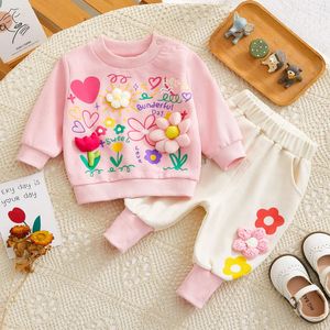 Kläder sätter babyflickor huvtröjor 3d blommor applikationer rosa pullover tröja tröja hög midja joggare byxor 2 st barn kostymer 231214