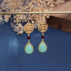 Baumelnde Ohrringe, natürlicher Jaspis, Wassertropfen-Ohrringe für Frauen, chinesischer Stil, Retro, doppeltes Glück, langer Eardrop, Modeschmuck