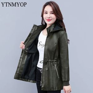 Women's Leather Faux YTNMYOP Slim Fashion Jacket Hooded Coat Women Spring And Autumn Drawstring Clothing High Street Wear Plus Size S4XL 231214