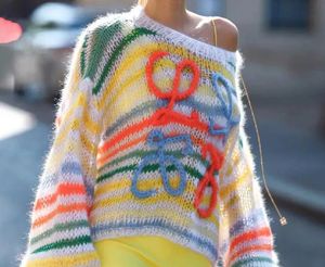 2024 Women's Sweaters Oversized Knitted Rainbow Sweater Women Fashion Stripes Contrast Round Neck Pullover Sweater Casual Loose Cute Jumper y2k top