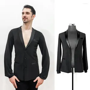 Abbigliamento da palco Camicia da ballo latino maschile Maglietta a maniche lunghe nera ChaCha Abiti da ballo Pratica Sala da ballo Tango Costume da competizione VDB6851