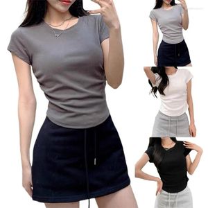 女性用Tシャツ女性半袖サイドラックTシャツボディコンソリッドカラー湾曲した裾のクロップトップ