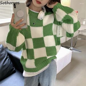 Kadın Sweaters Damalı Külot Kadınlar Panelli Ekose Yeşil Baggy Sıcak Örgü Jumpers O-boyun Harajuku Chic Street Kış Kore Bf