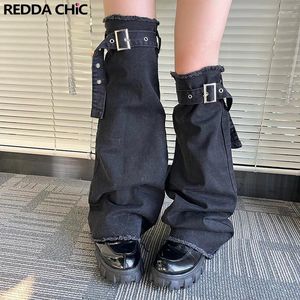 Women Socks REDDACHiC Gaiter Black Denim Raw Edge Boots Cover Topper Leggings Y2k Harajuku Summer Acubi Fashion Streetwear