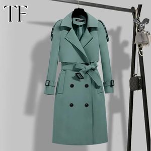 Kvinnors jackor Autumn Korean Trench Coat for Women Justerbar midja Solid långa rockar Vinterkläder plus storlek Office Lady Windbreaker Jackets 231215