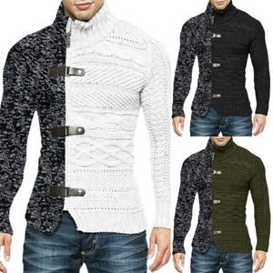 Höghalsad tröja 2023 Autumn/Winter Color Blocking Läderspänne Långärmad stickad Cardigan Amazon överdimensionerade tröja europeisk och