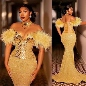 Shine Gold Plus Size Aso Ebi Promdress Feather Sheer Neck Mermaid Evening Dresses for Black Women Black Women Birthday Party Gowns Second Reception Gown Prom AM184