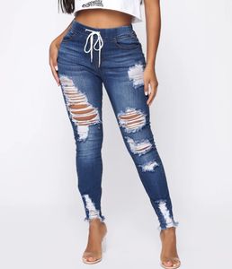 Mulheres casual jeans fino rasgado borlas joelho buracos angustiado vintage branqueado cintura média alta cordão elástico de alta qualidade