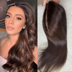 Synthetic Wigs Natural Dark Brown Silk Base Human Hair Women Topper Virgin European Toupee Clips In Hairpiece 4D Top 231214
