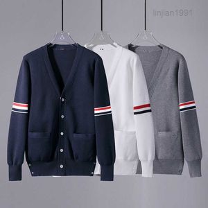 Clássico TB JL suéter moderno casal casual jacquard manga dupla vermelho branco e azul listrado casaco cardigan de malha